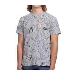 Sinnoh Friends Heather Gray Allover-Print Relaxed Fit Crew Neck T-Shirt - Adult