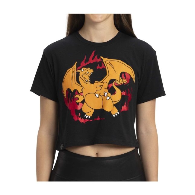 Charizard Black Relaxed Fit Crew Neck Crop T-Shirt - Women