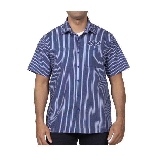 Pikachu Racing Pinstripes Blue Short-Sleeve Button-Up Shirt - Adult