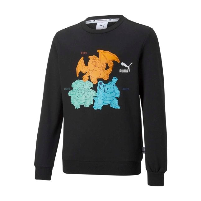 PUMA × Pokémon: Venusaur, Charizard & Blastoise Puma Black French Terry Relaxed Crew Neck Sweatshirt - Youth