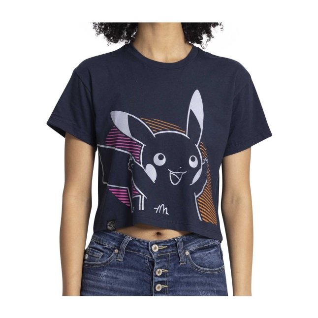 Pikachu Neon Pokémon Active Navy, Pink & Orange Oversize Crew Neck Crop Top - Women