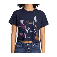 Pikachu Neon Pokémon Active Navy, Pink & Orange Oversize Crew Neck Crop Top - Women